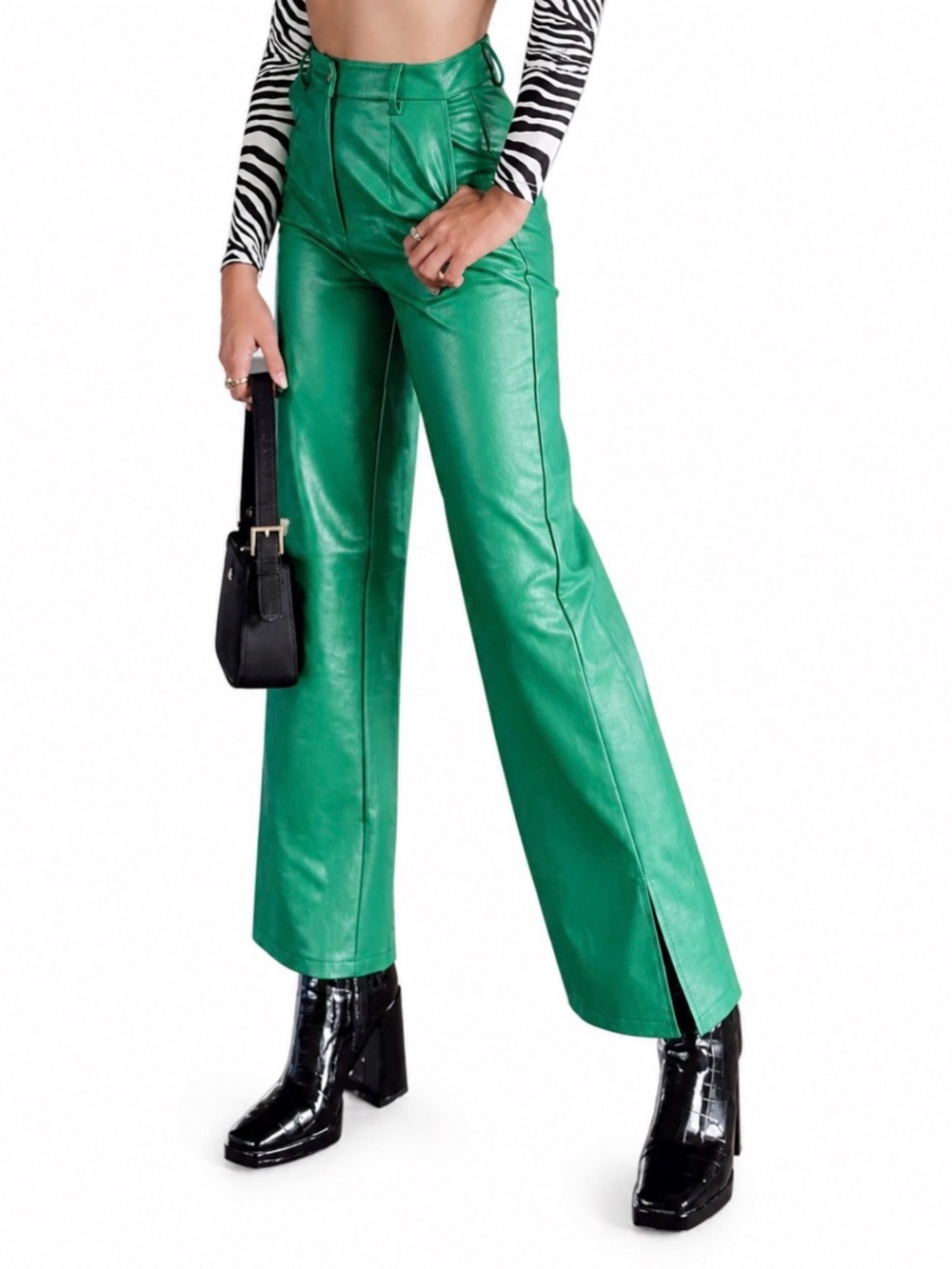 Princess Polly Vegan Leather Split Leg Emerald Green Pants Sz 6